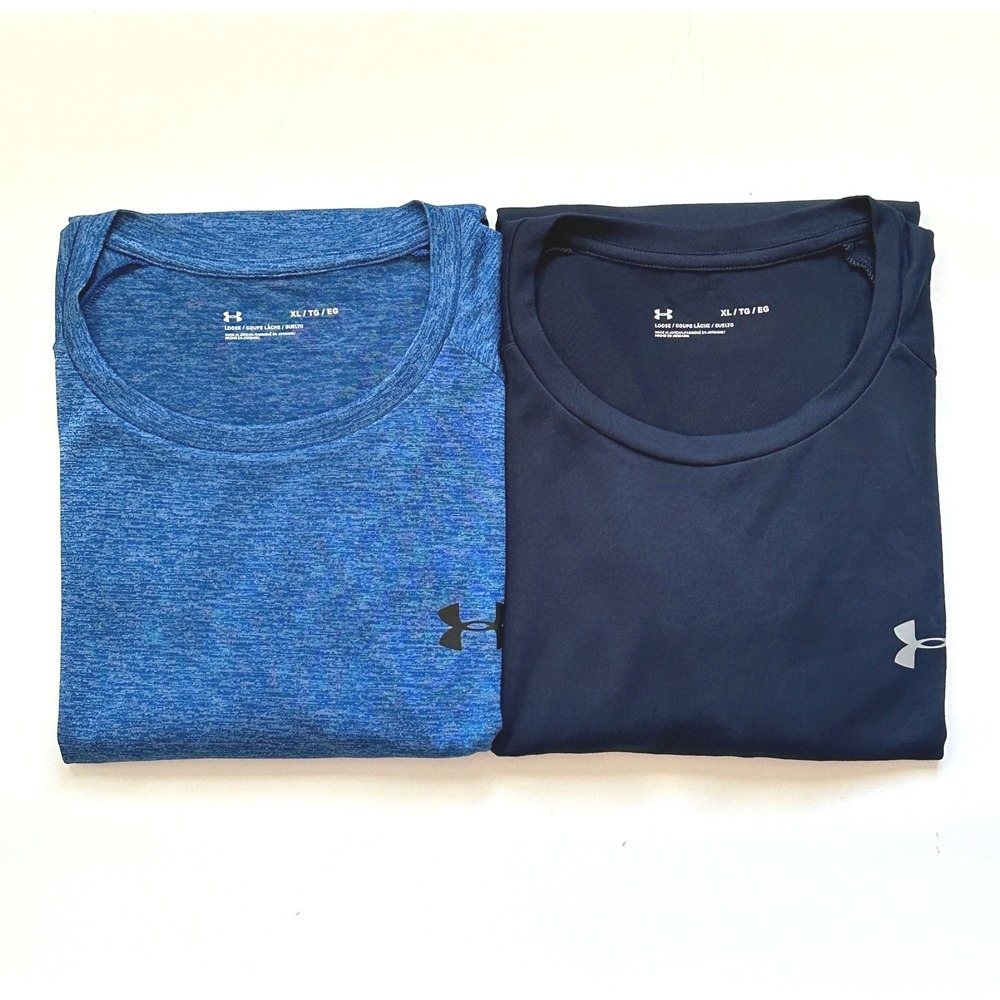 Lot 2 Under Armour Mens Shirts XL Navy Heather Royal Blue Loose Fit Long Sleeve